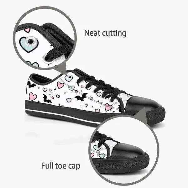 Pastel Goth Bat and Hearts Low Top Canvas Sneakers -In Lavender