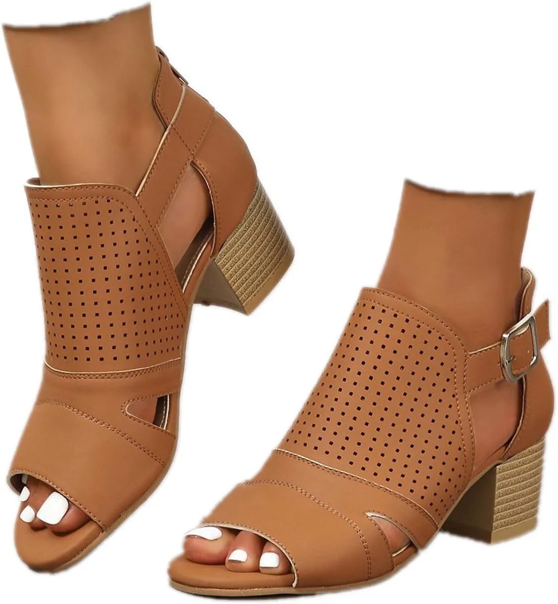 SACFOF Womens Heeled Sandals Peep Toe Chunky Heels Cutout Side Ankle Strap Back Zipper Mid Heel Dress Pumps Shoes