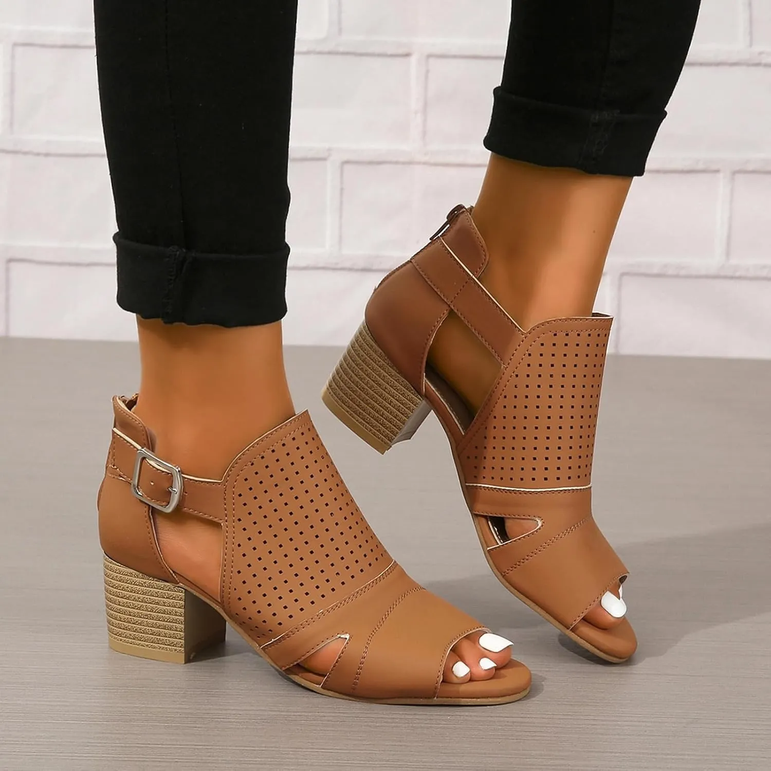 SACFOF Womens Heeled Sandals Peep Toe Chunky Heels Cutout Side Ankle Strap Back Zipper Mid Heel Dress Pumps Shoes