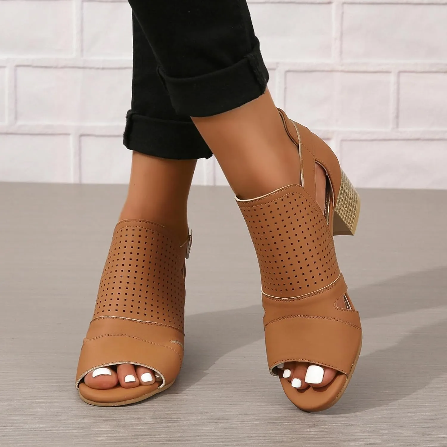 SACFOF Womens Heeled Sandals Peep Toe Chunky Heels Cutout Side Ankle Strap Back Zipper Mid Heel Dress Pumps Shoes