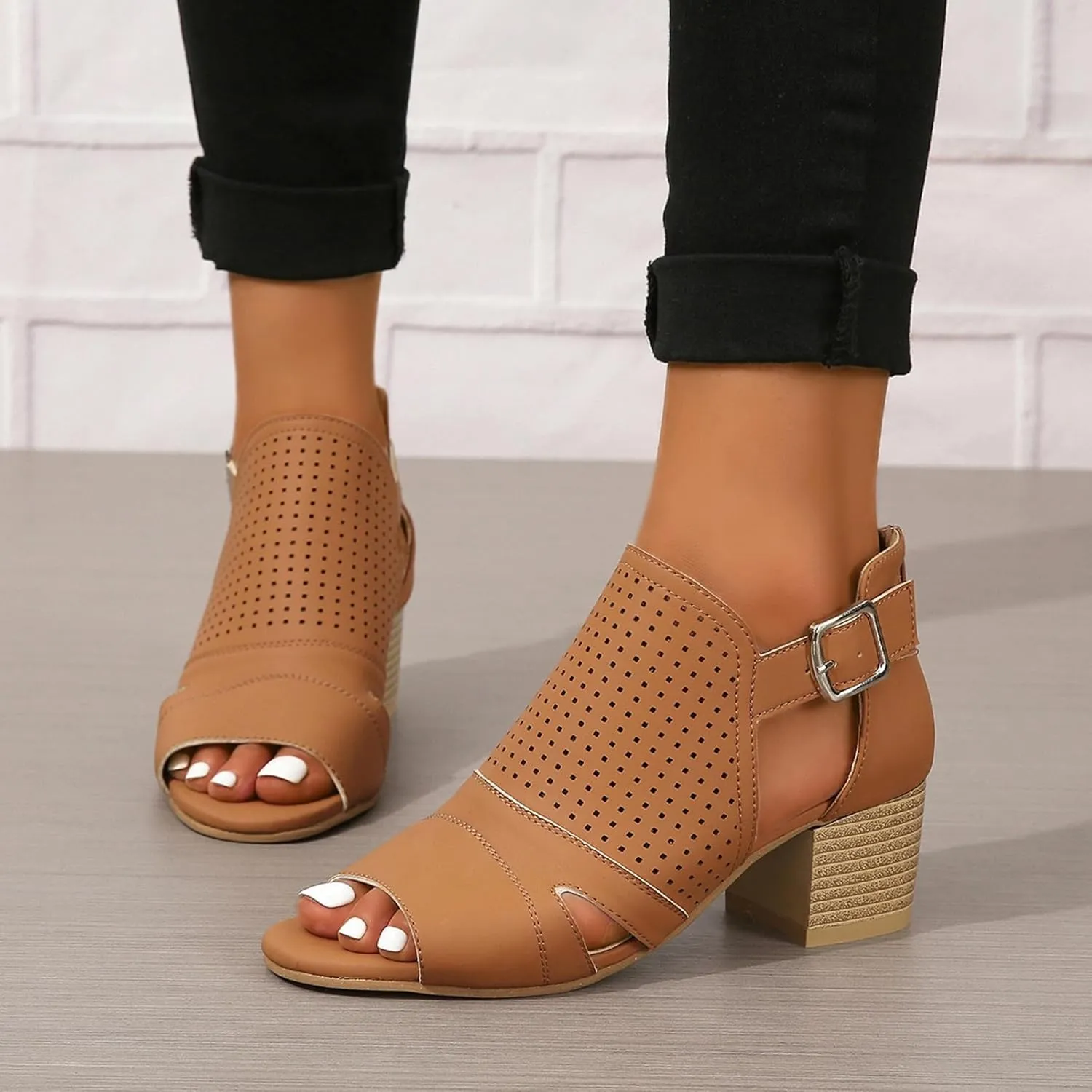 SACFOF Womens Heeled Sandals Peep Toe Chunky Heels Cutout Side Ankle Strap Back Zipper Mid Heel Dress Pumps Shoes