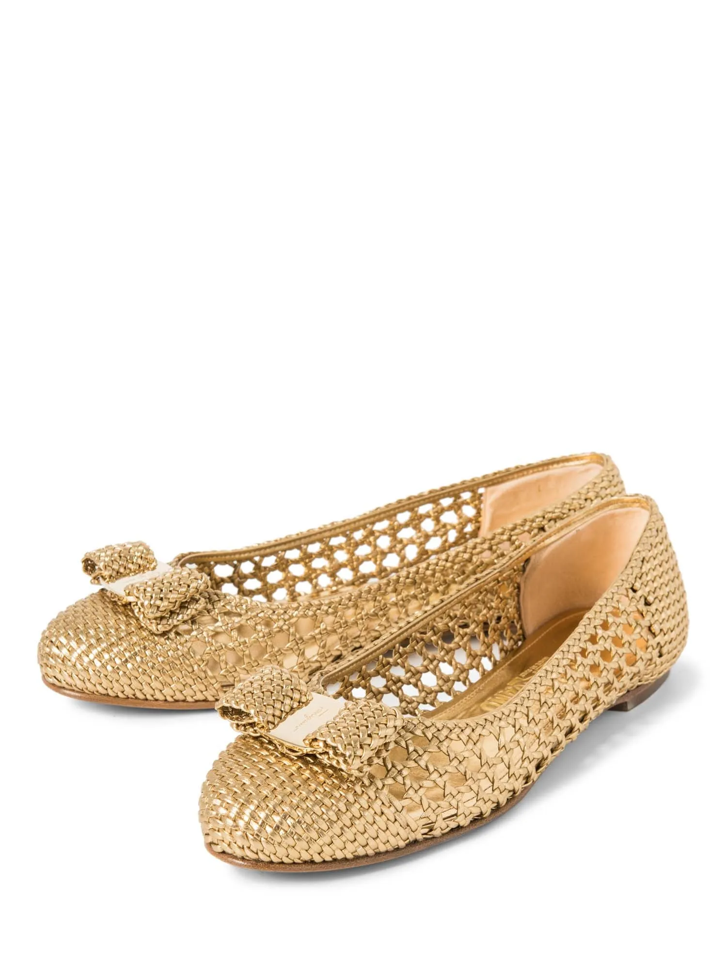 Salvatore Ferragamo Logo Vara Bow Woven Ballet Flats Gold