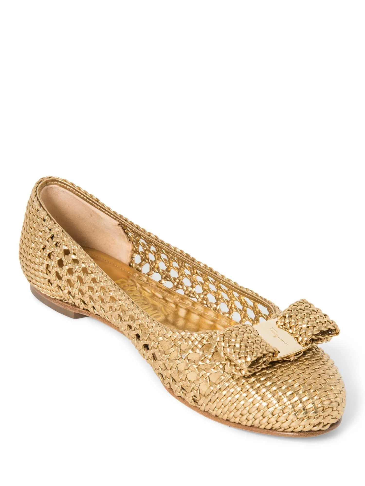 Salvatore Ferragamo Logo Vara Bow Woven Ballet Flats Gold