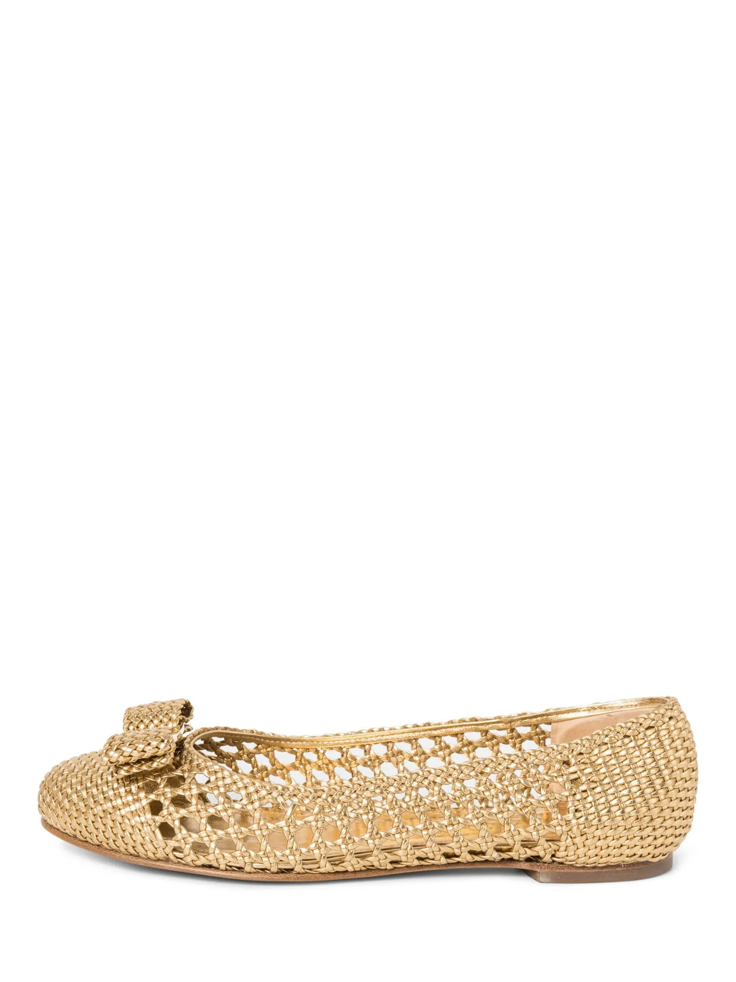 Salvatore Ferragamo Logo Vara Bow Woven Ballet Flats Gold