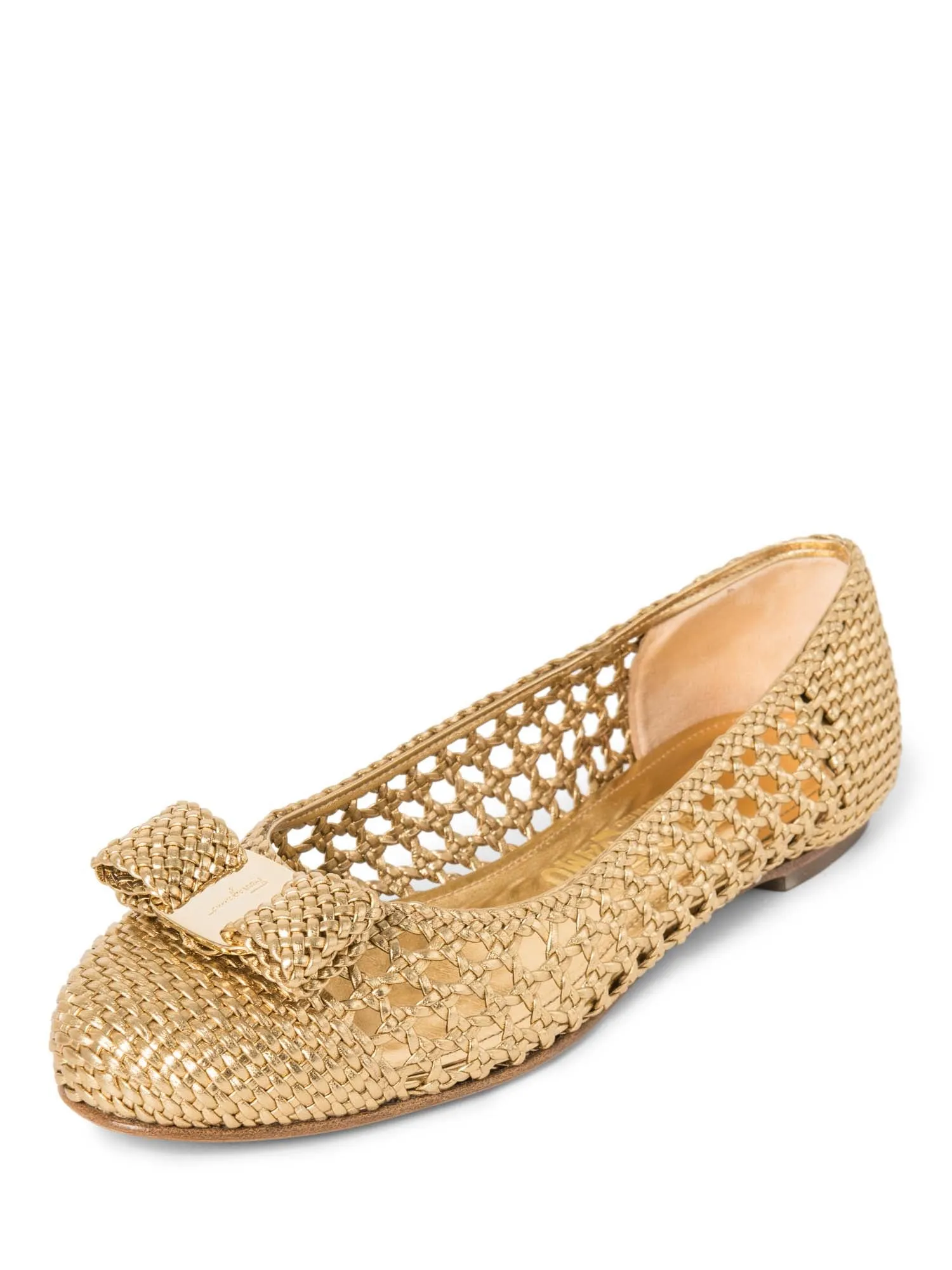 Salvatore Ferragamo Logo Vara Bow Woven Ballet Flats Gold