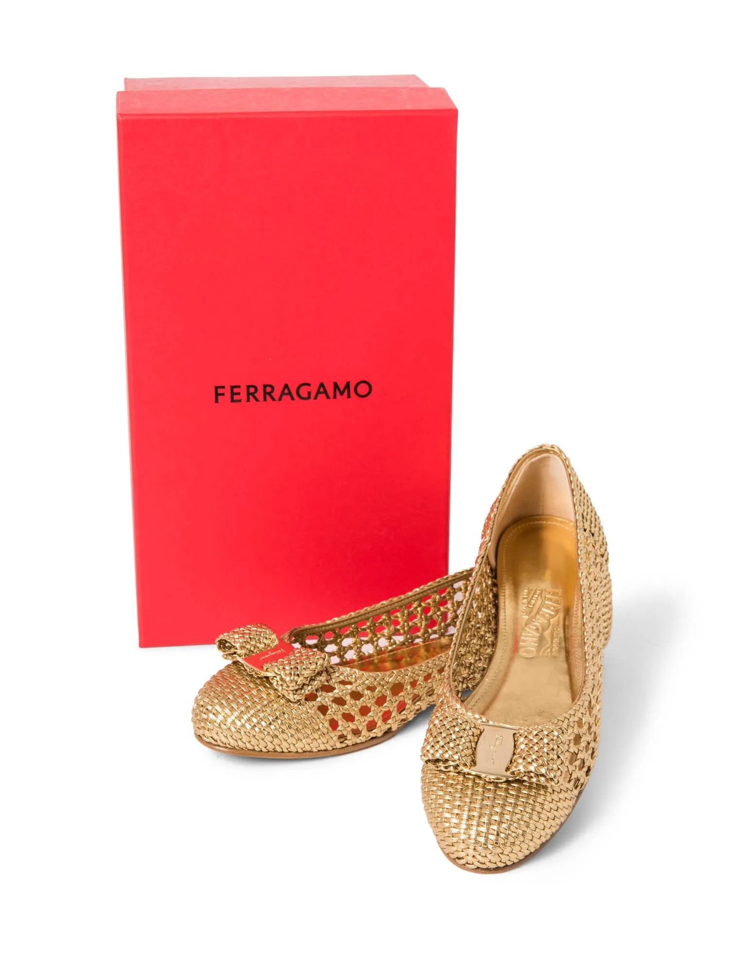 Salvatore Ferragamo Logo Vara Bow Woven Ballet Flats Gold