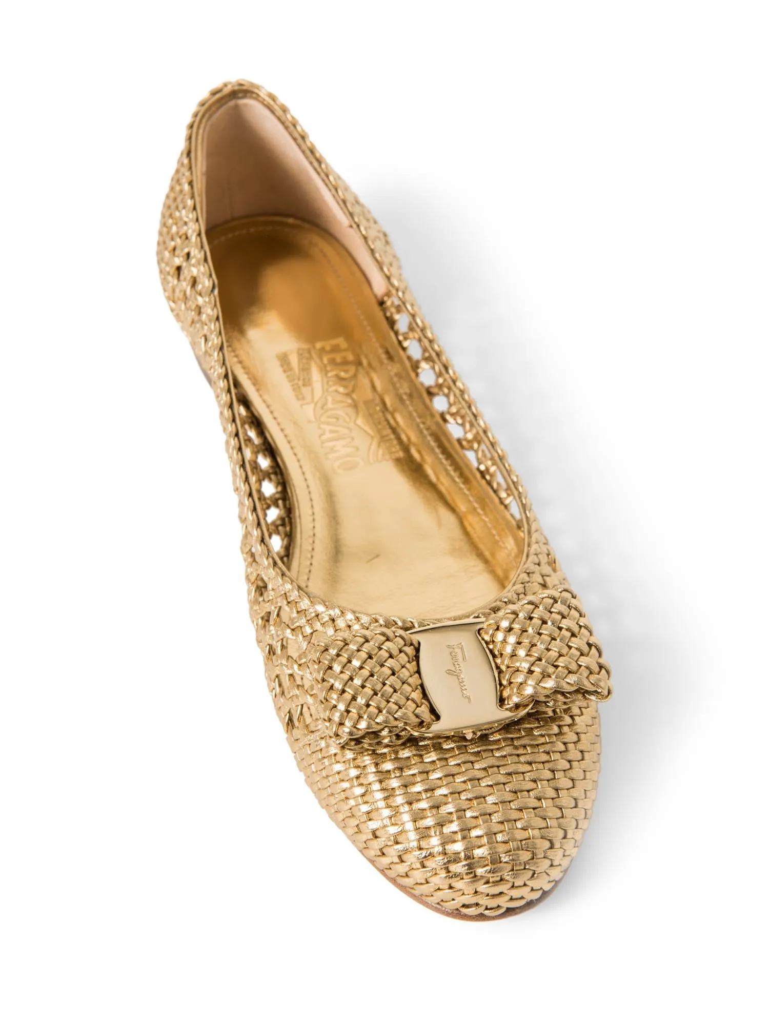 Salvatore Ferragamo Logo Vara Bow Woven Ballet Flats Gold