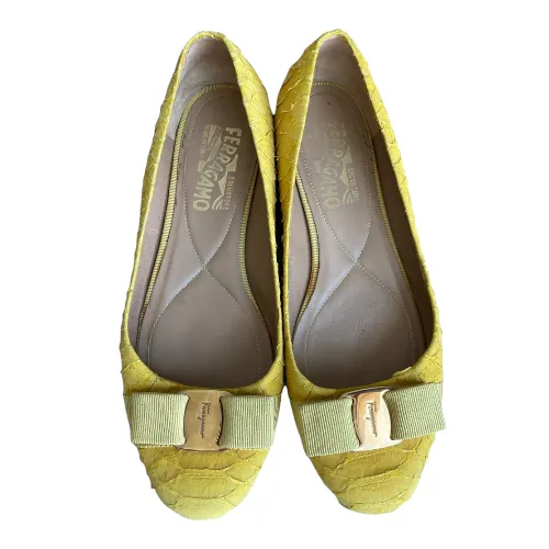 SALVATORE FERRAGAMO Yellow Python Suede Varina Ballet Flats, Size 36.5