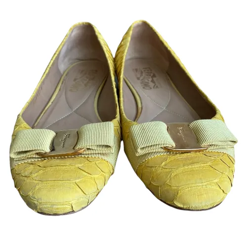 SALVATORE FERRAGAMO Yellow Python Suede Varina Ballet Flats, Size 36.5