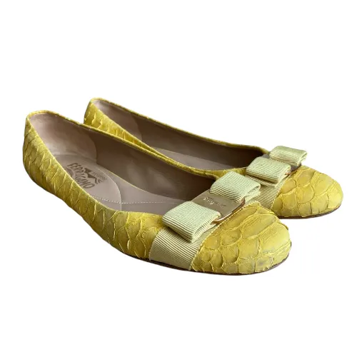 SALVATORE FERRAGAMO Yellow Python Suede Varina Ballet Flats, Size 36.5