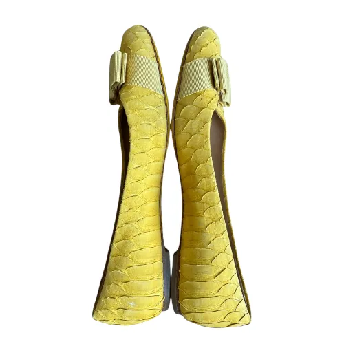 SALVATORE FERRAGAMO Yellow Python Suede Varina Ballet Flats, Size 36.5