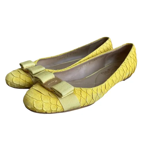 SALVATORE FERRAGAMO Yellow Python Suede Varina Ballet Flats, Size 36.5