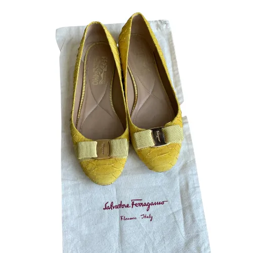 SALVATORE FERRAGAMO Yellow Python Suede Varina Ballet Flats, Size 36.5