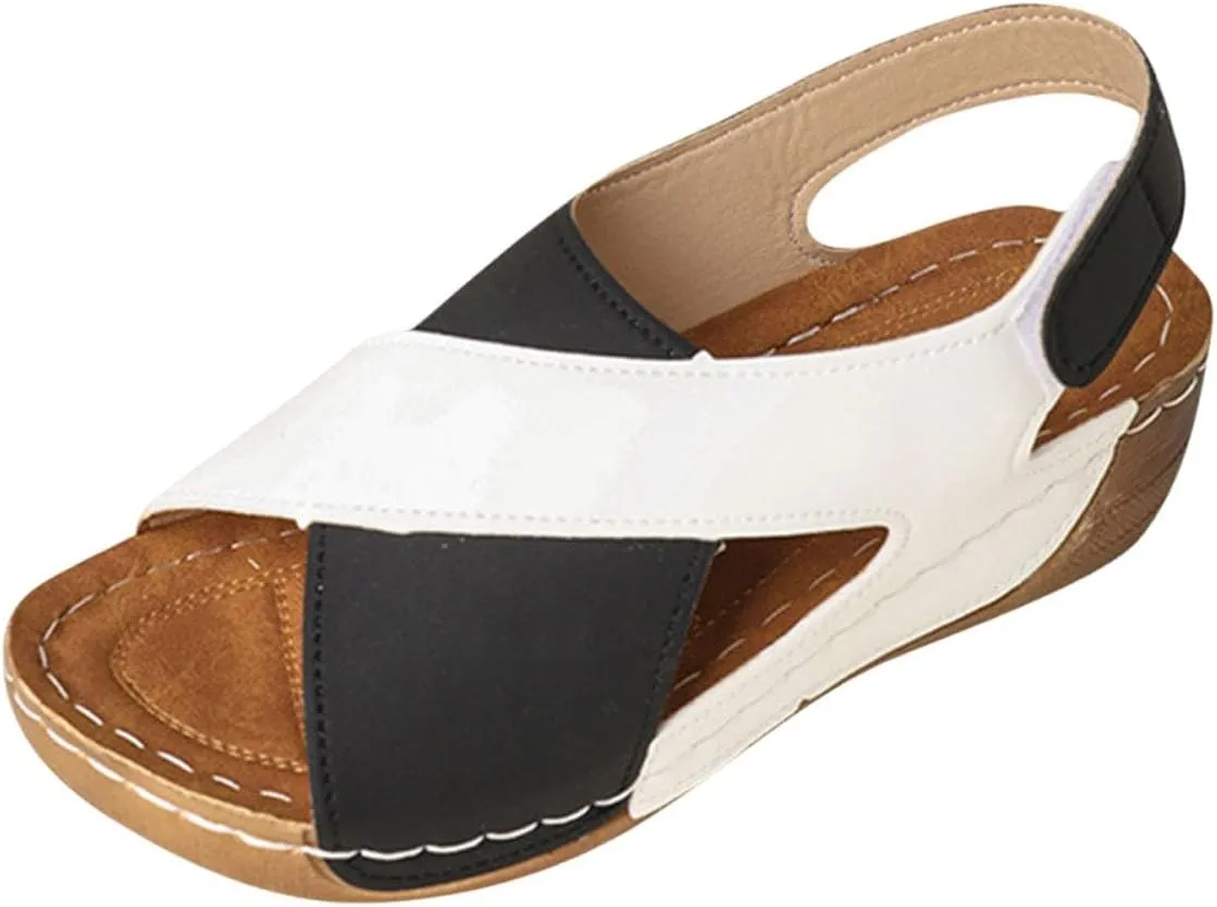 Summer Sandals for Women Thick Sole Wedge Beach Shoes Color Block Open Toe Sandal with Ankle Strap 2025 Trendy