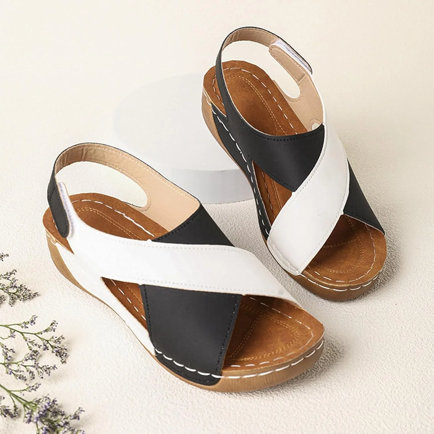 Summer Sandals for Women Thick Sole Wedge Beach Shoes Color Block Open Toe Sandal with Ankle Strap 2025 Trendy