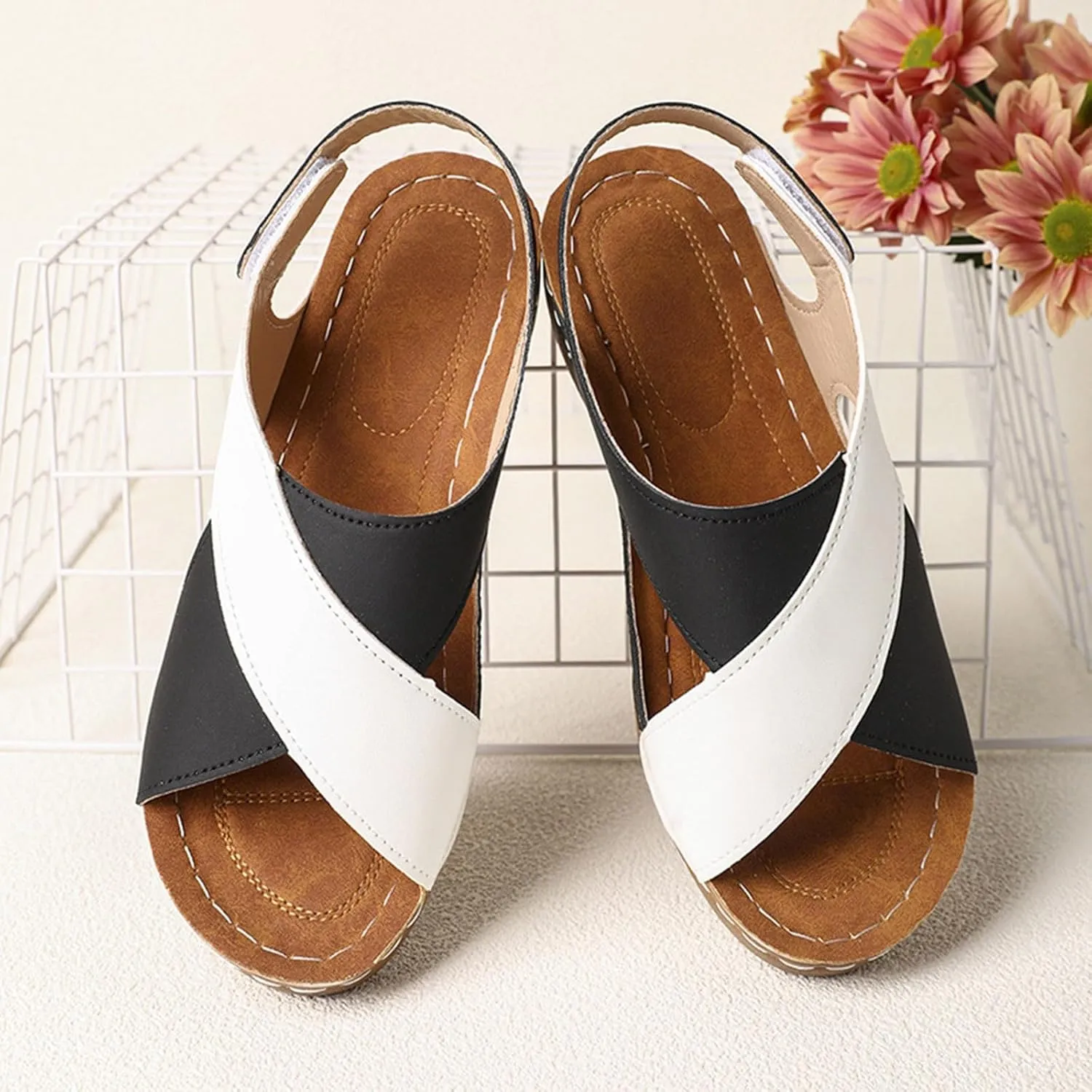 Summer Sandals for Women Thick Sole Wedge Beach Shoes Color Block Open Toe Sandal with Ankle Strap 2025 Trendy