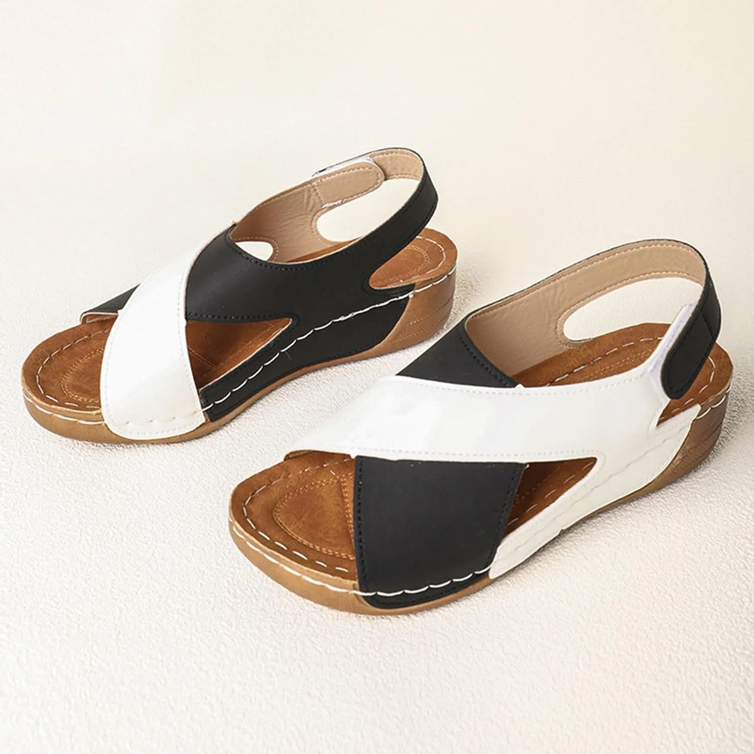Summer Sandals for Women Thick Sole Wedge Beach Shoes Color Block Open Toe Sandal with Ankle Strap 2025 Trendy