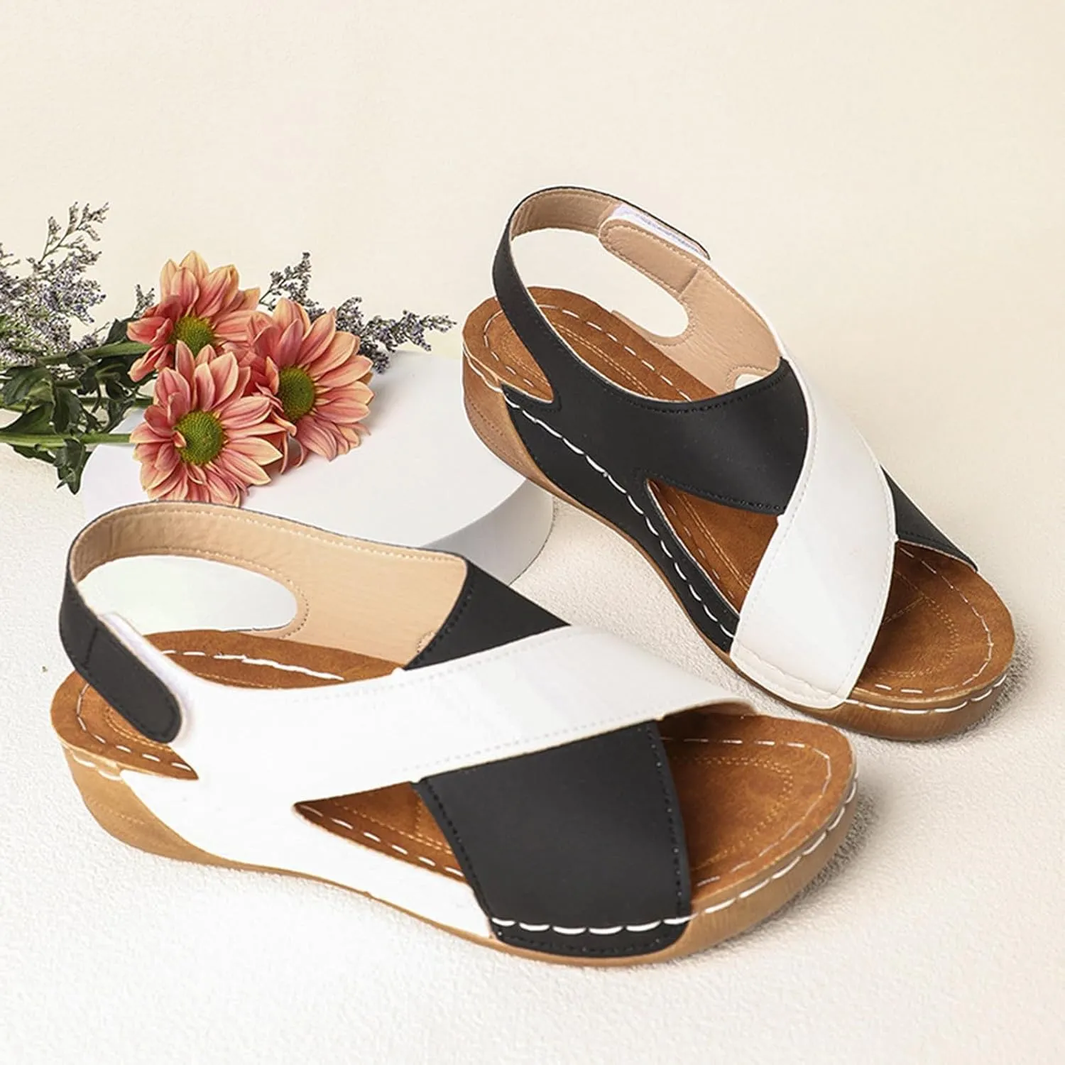 Summer Sandals for Women Thick Sole Wedge Beach Shoes Color Block Open Toe Sandal with Ankle Strap 2025 Trendy