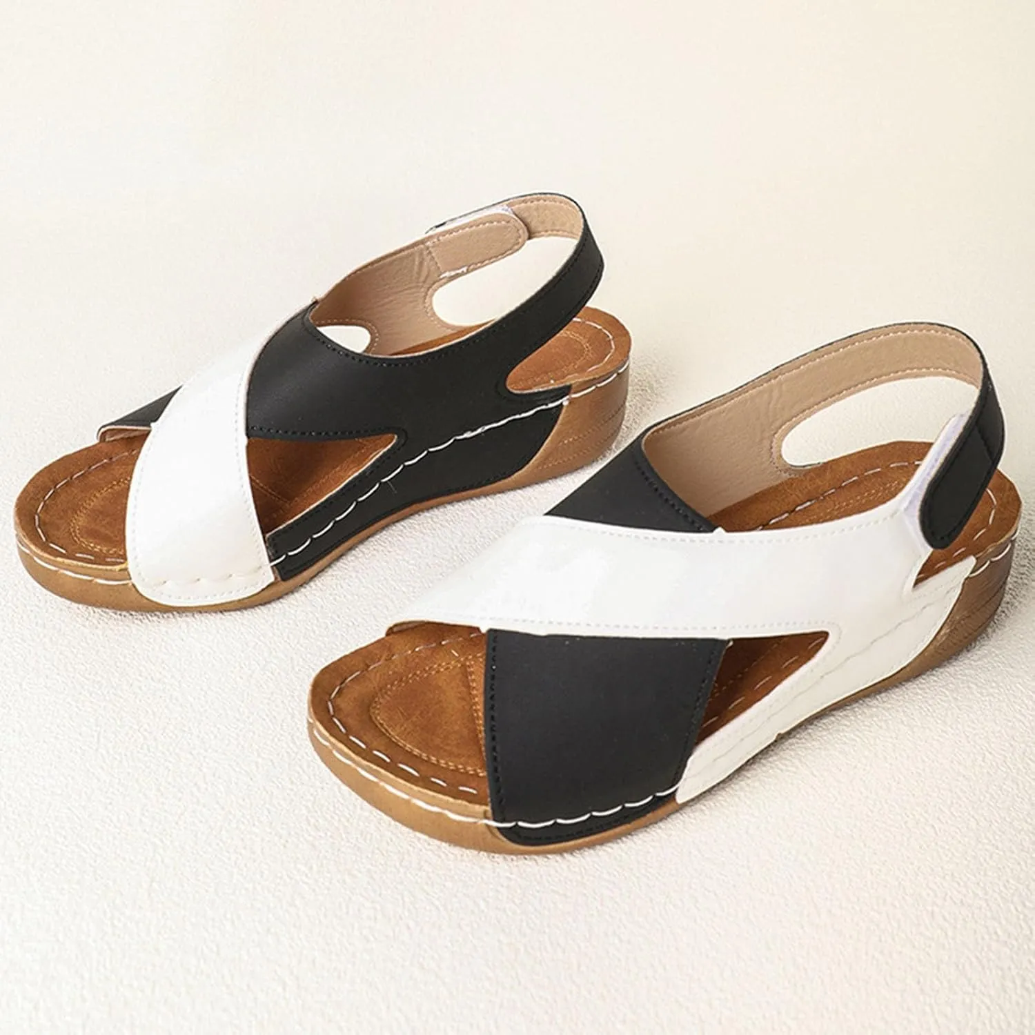 Summer Sandals for Women Thick Sole Wedge Beach Shoes Color Block Open Toe Sandal with Ankle Strap 2025 Trendy
