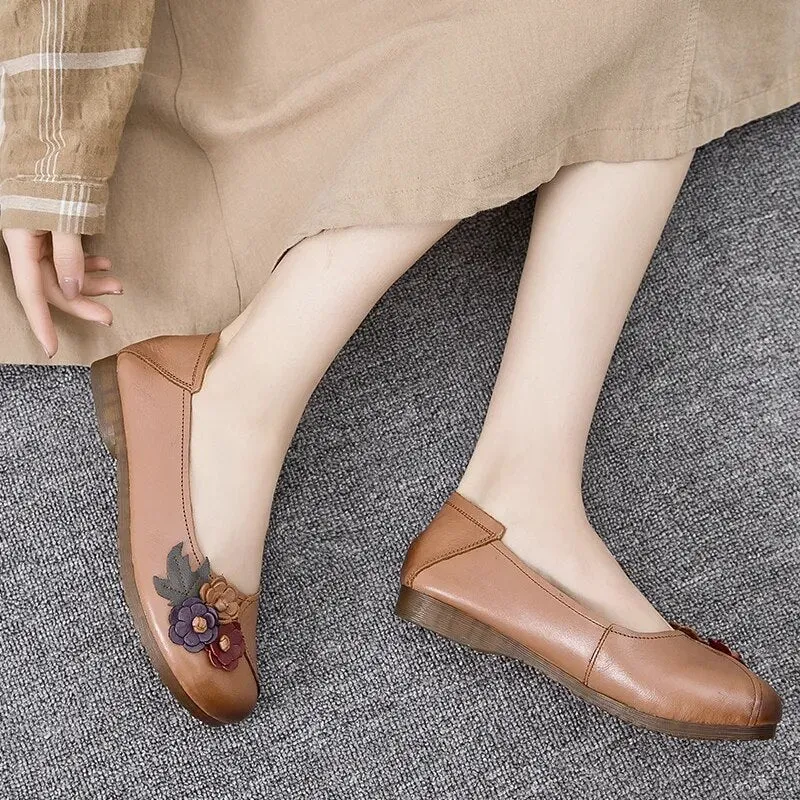 Three Flower Retro Black Flats For Women Genuine Leather Flat Shoes