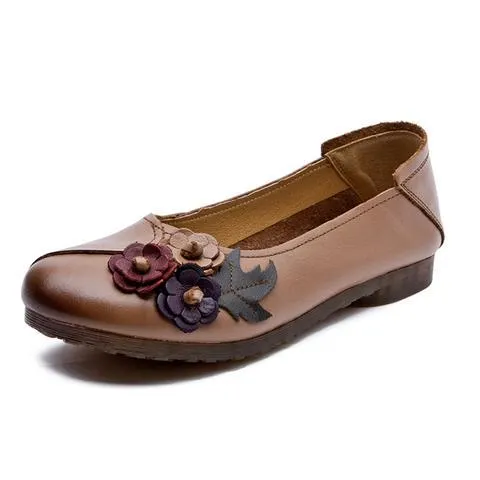 Three Flower Retro Black Flats For Women Genuine Leather Flat Shoes