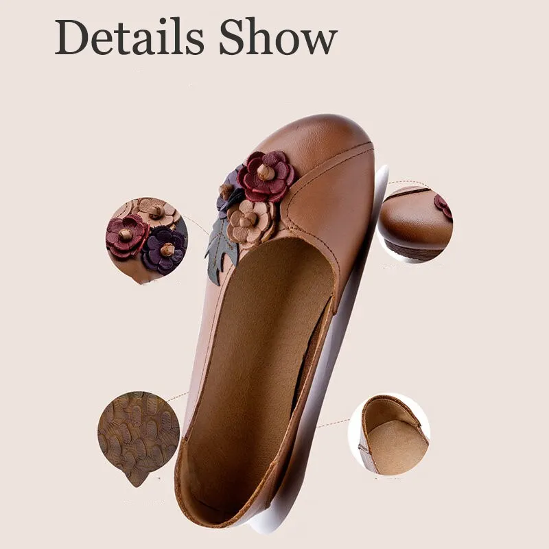 Three Flower Retro Black Flats For Women Genuine Leather Flat Shoes