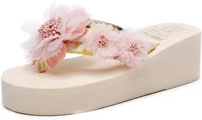 VOKLIN Women's Bohemian Flowers Wedge Flipflop Sandals Summer Nonslip Platform High Heel Beach Thong Sandal