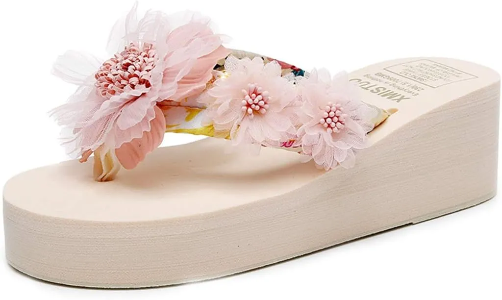 VOKLIN Women's Bohemian Flowers Wedge Flipflop Sandals Summer Nonslip Platform High Heel Beach Thong Sandal