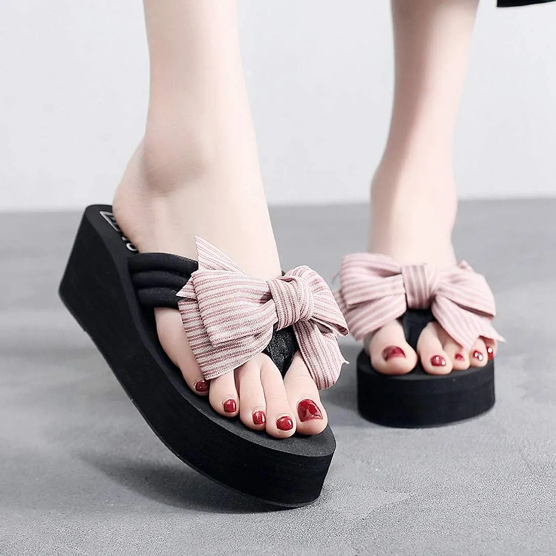 VOKLIN Women's Fashion Bowknot Wedge Flipflops Sandals Platform Comfort Nonslip Summer Beach Thong Sandals