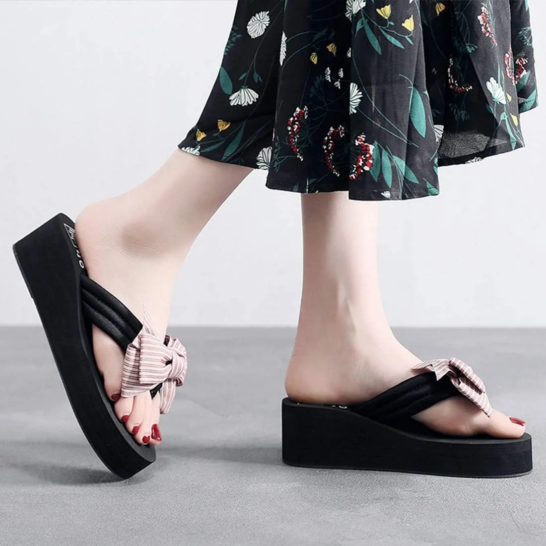 VOKLIN Women's Fashion Bowknot Wedge Flipflops Sandals Platform Comfort Nonslip Summer Beach Thong Sandals