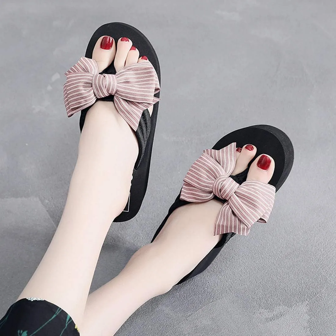 VOKLIN Women's Fashion Bowknot Wedge Flipflops Sandals Platform Comfort Nonslip Summer Beach Thong Sandals