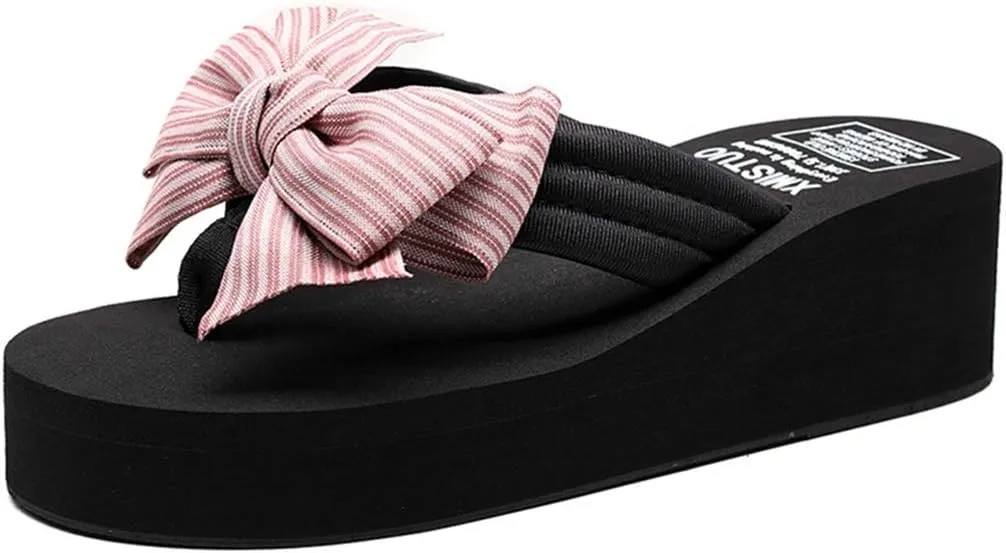 VOKLIN Women's Fashion Bowknot Wedge Flipflops Sandals Platform Comfort Nonslip Summer Beach Thong Sandals