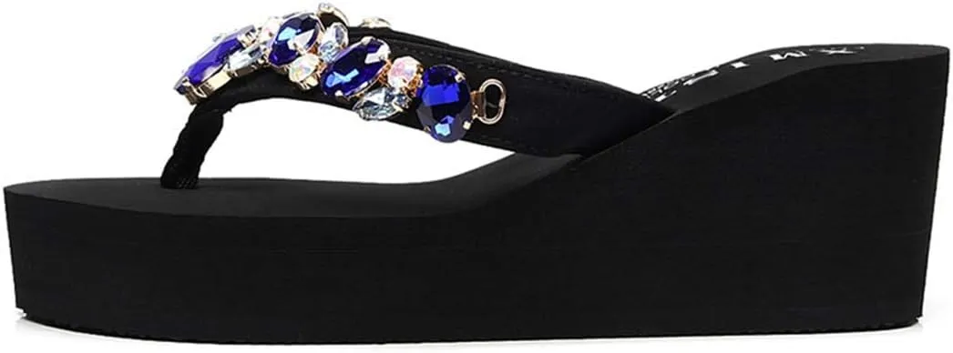 VOKLIN Women's Sparkly Rhinestone Wedge High Heel Flipflops Summer Platform Anti-Slip Beach Thong Sandals