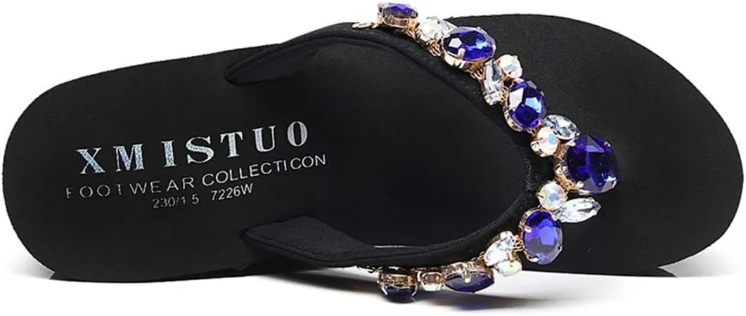 VOKLIN Women's Sparkly Rhinestone Wedge High Heel Flipflops Summer Platform Anti-Slip Beach Thong Sandals