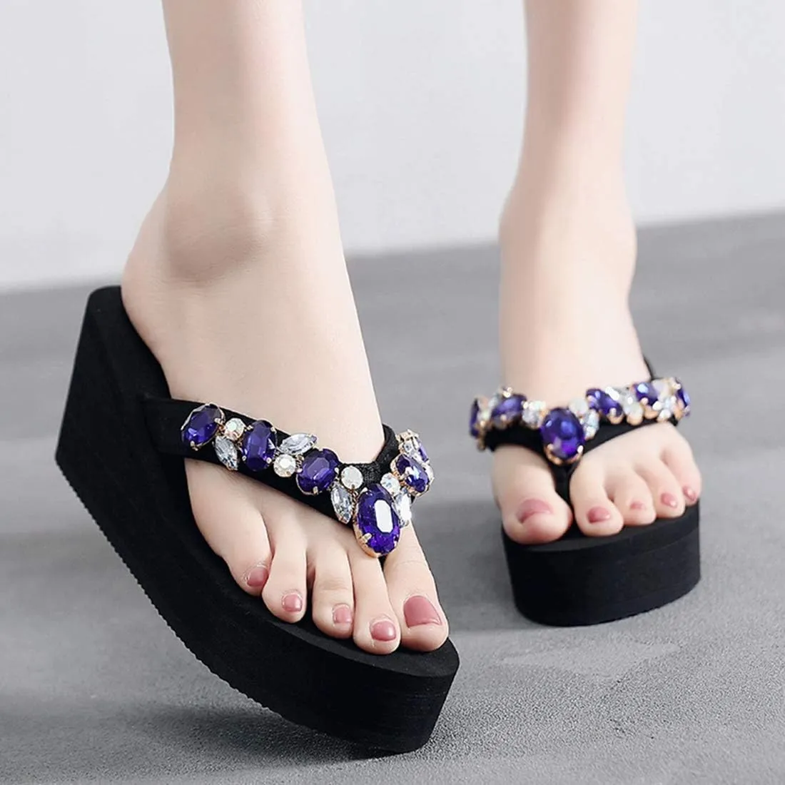 VOKLIN Women's Sparkly Rhinestone Wedge High Heel Flipflops Summer Platform Anti-Slip Beach Thong Sandals