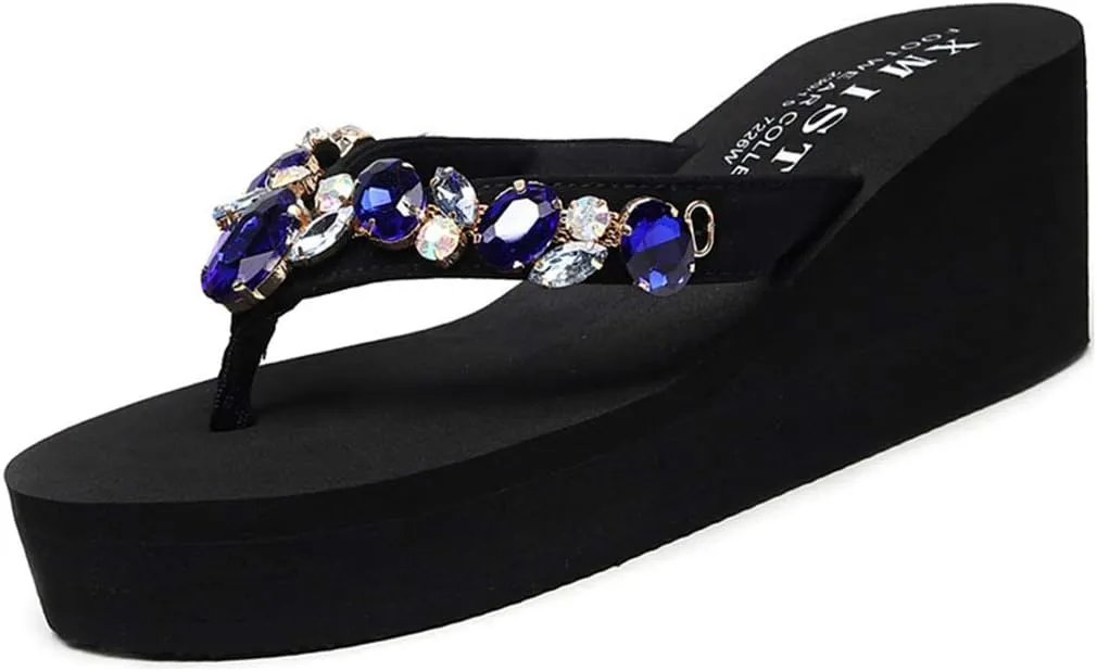 VOKLIN Women's Sparkly Rhinestone Wedge High Heel Flipflops Summer Platform Anti-Slip Beach Thong Sandals