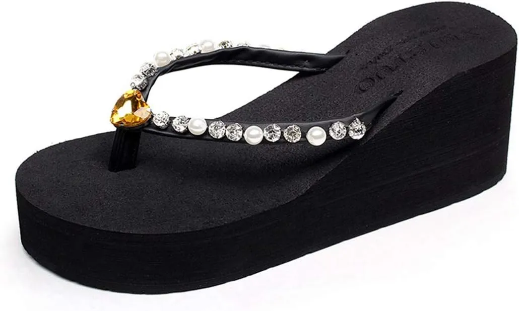 VOKLIN Women's Wedge High Heel Flipflops Sparkly Rhinestone Summer Platform Anti-Slip Beach Thong Sandals