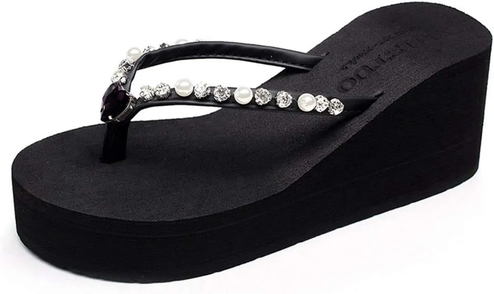 VOKLIN Women's Wedge High Heel Flipflops Sparkly Rhinestone Summer Platform Anti-Slip Beach Thong Sandals