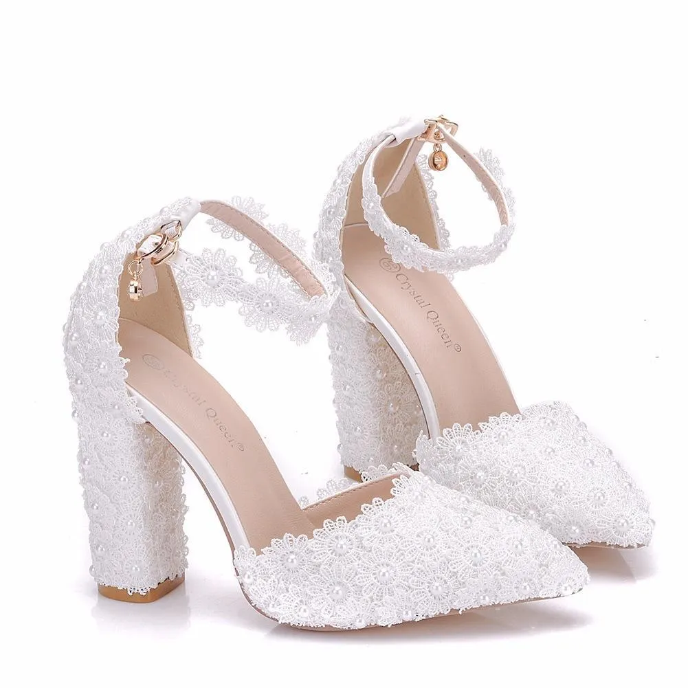 White chunky high heels ankle strap wedding heels
