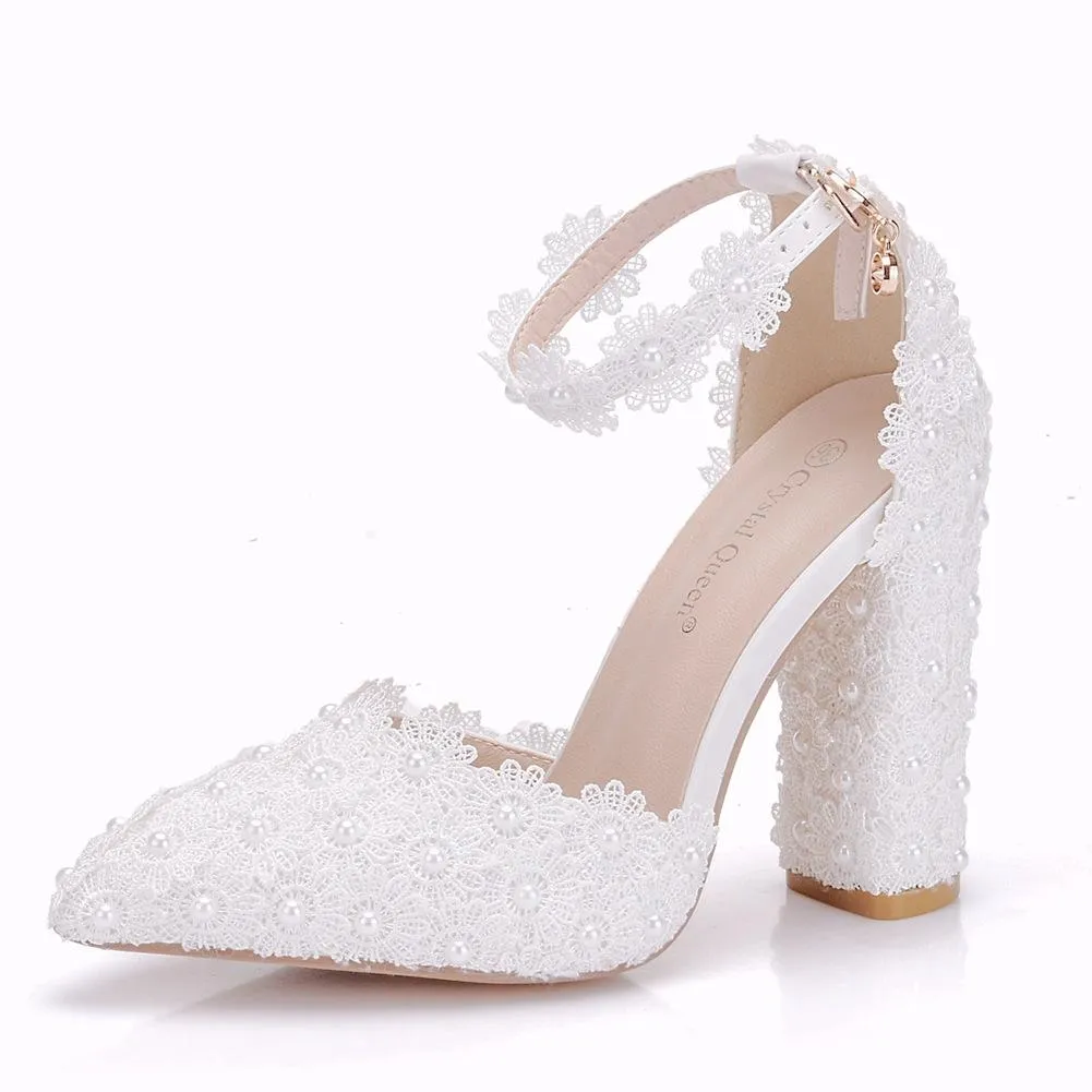 White chunky high heels ankle strap wedding heels