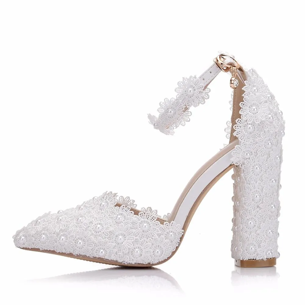 White chunky high heels ankle strap wedding heels
