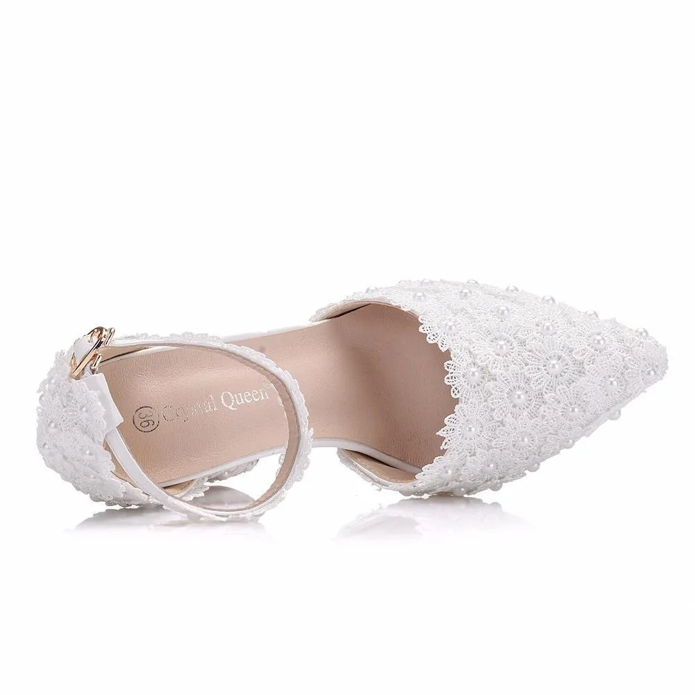 White chunky high heels ankle strap wedding heels