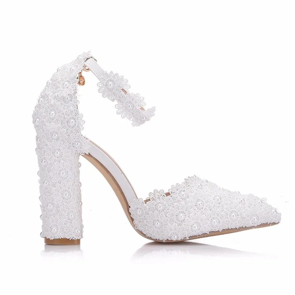 White chunky high heels ankle strap wedding heels