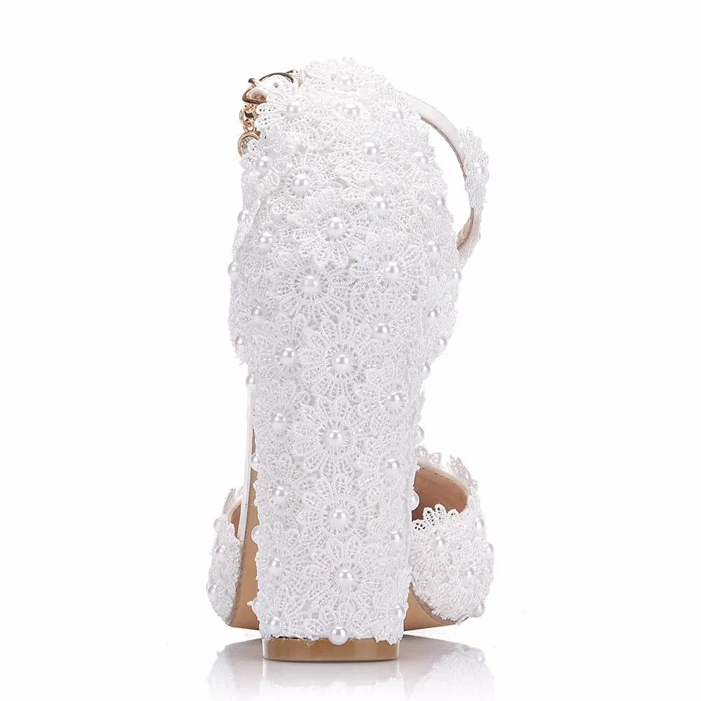 White chunky high heels ankle strap wedding heels