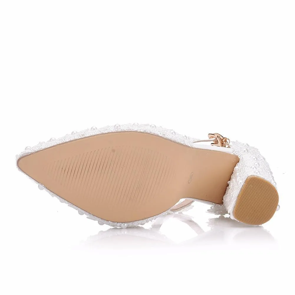 White chunky high heels ankle strap wedding heels