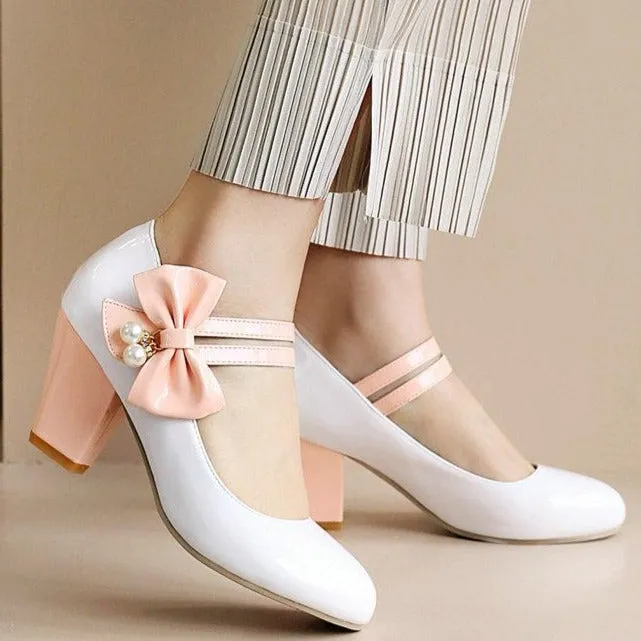 Women bowknot rhinestone strap closed toe slip on chunky heels