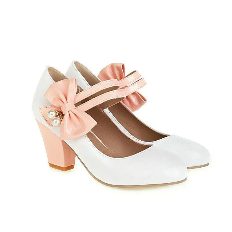 Women bowknot rhinestone strap closed toe slip on chunky heels