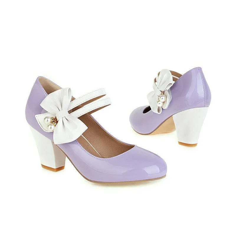 Women bowknot rhinestone strap closed toe slip on chunky heels