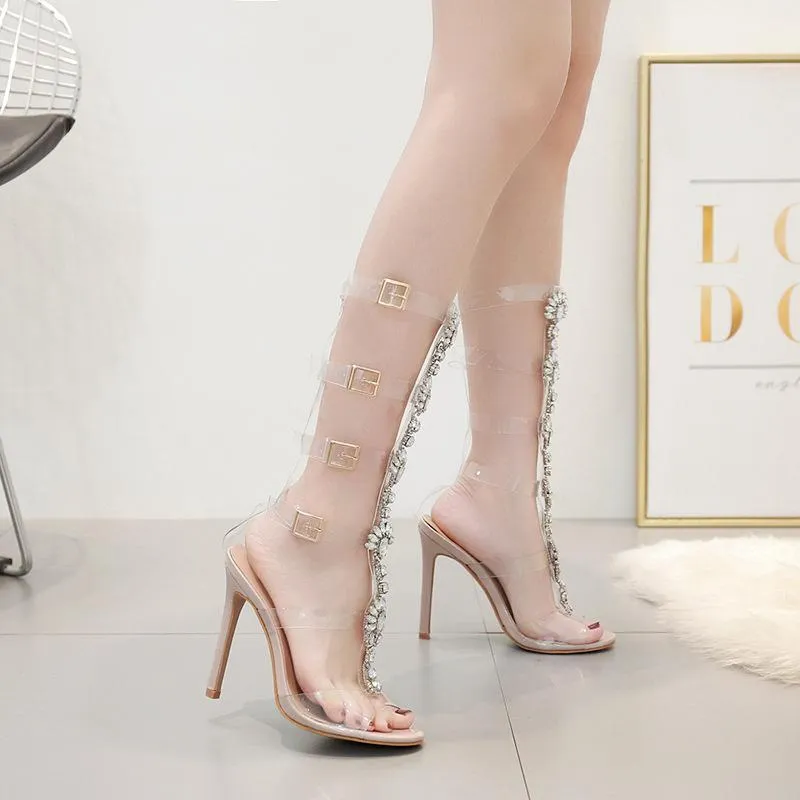 Women clear strap roman stiletto high heel rhinestone heels