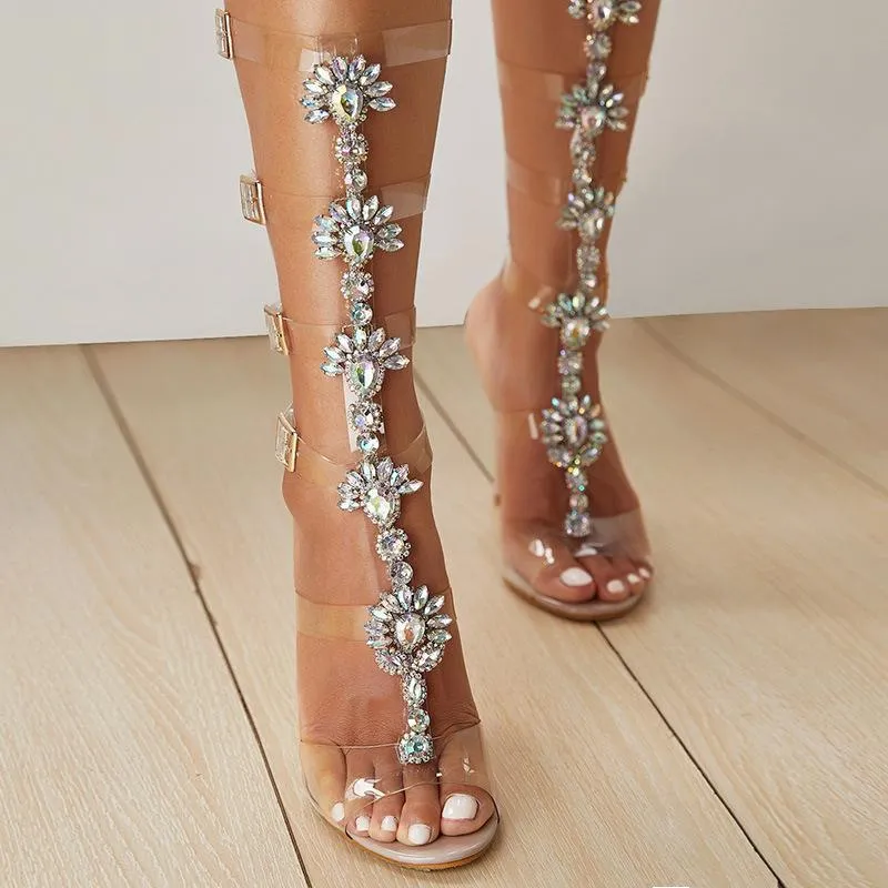 Women clear strap roman stiletto high heel rhinestone heels